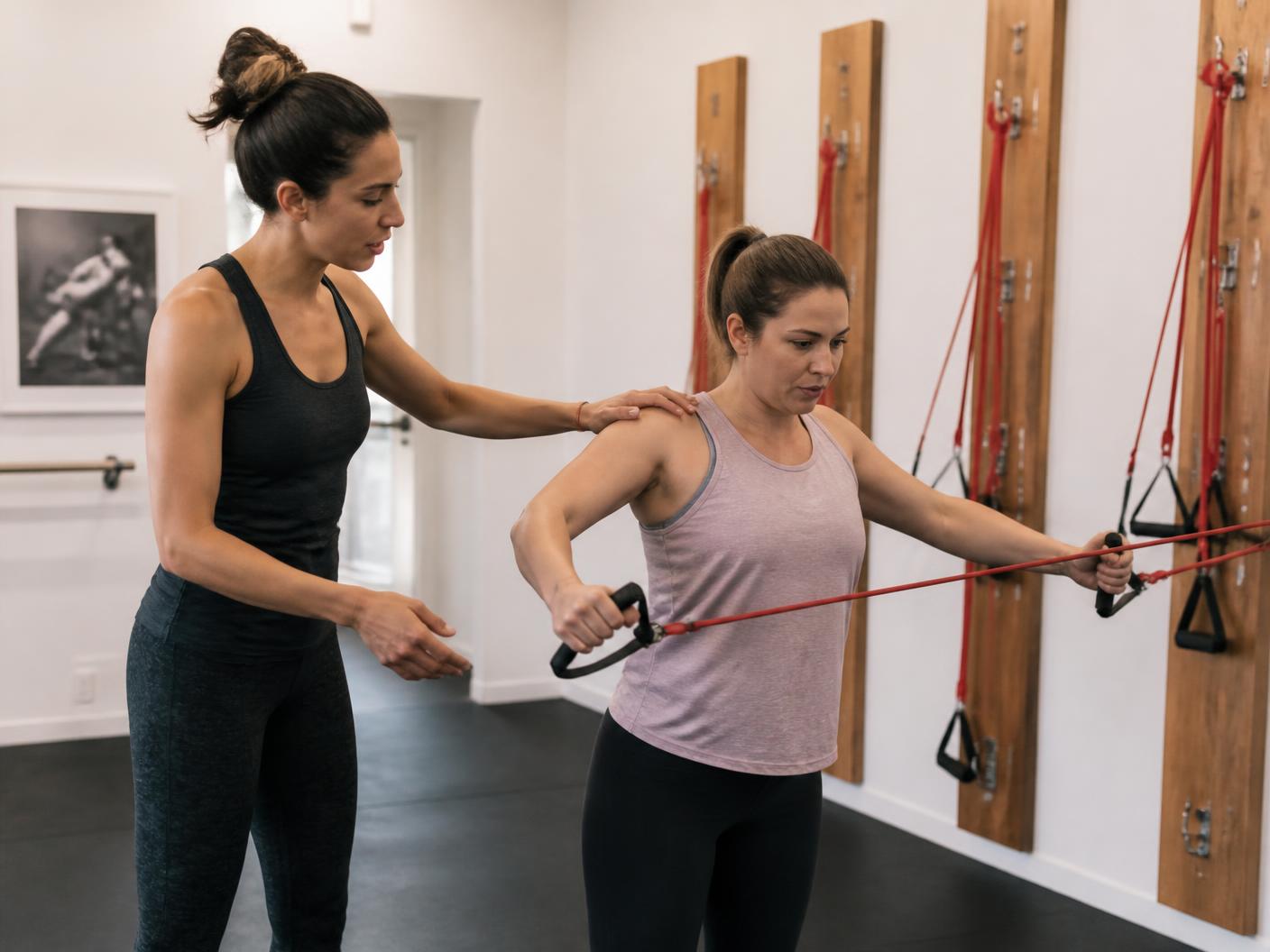 A Board30 trainer coaching a client through a resistance-band exercise